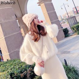 Woherb pull en cachemire manteau femmes 2020 automne hiver élégant Cardigan en vrac coréen cristal bouton chandails vestes LJ201113