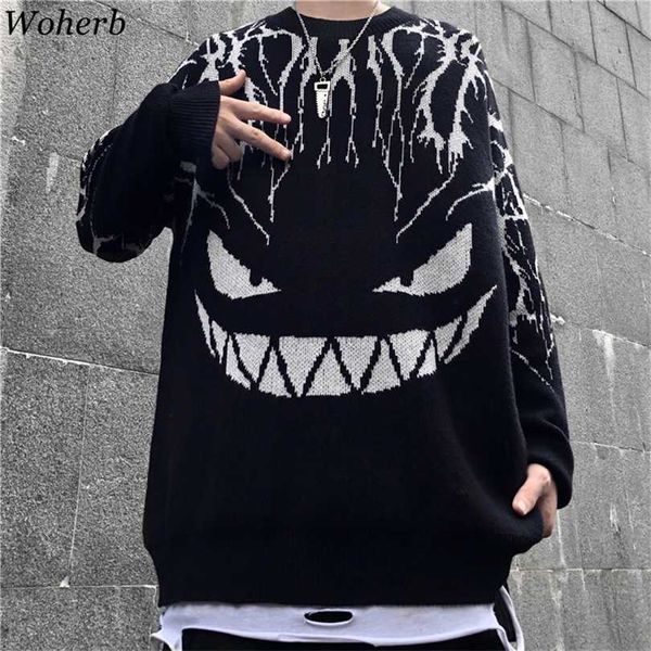 Woherb Harajuku Noir Pull Femmes Hommes Foudre Diable Tricoté Pull Surdimensionné Pull Hip Hop Streetwear Automne Chandails 211018