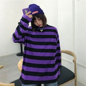 Woherb Harajuku Sudaderas con capucha Mujeres Vintage Púrpura Rayas Sudadera Otoño Coreano Flojo Camisas de manga larga Gótico Streetwear 201202