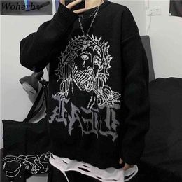 Woherb Harajuku Trui Dames Man Punk Streetwear Jacquard Print Gebreide trui Koreaanse Mode Trek Jumper Unisex Herfst 210805