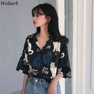 Woherb Harajuku Vrouwen Tops en Blouses Koreaanse Mode Kleding Leuke Kawaii Shirts Cartoon Animal Cat Print Losse Blusas 210410