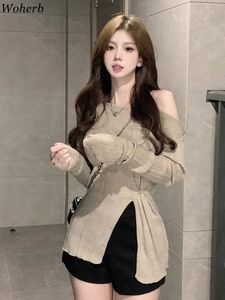 Woherb Koreaanse T-shirt Vrouw O-hals Lange Mouw Gebreide Tuniek Tees Shirts voor Vrouwen Y2k Tops Chic Split Casual Sexy T 240228
