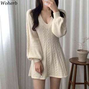 Woherb New Knitted Sweater Dress Women 2021 Autumn Winter V-neck Lantern Sleeve Slim Waist Mini Dresses Korean A-line Vestidos Y1106