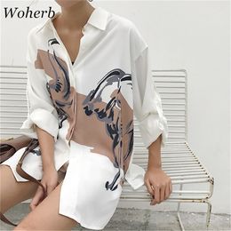 Woherb Oversized Shirt Gedrukt Vintage Lange Mouw Blouse Dames Mode Streetwear Vrouwelijke Casual Losse Koreaanse Blusas LJ200812