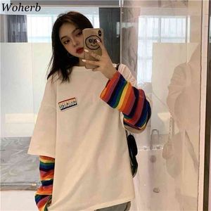 Woherb Rainbow Gestreept Fake Twee Stukken T-shirt Dames Casual Losse Harajuku BF Tops Vrouwelijke Koreaanse Mode Streetwear 91296 210623