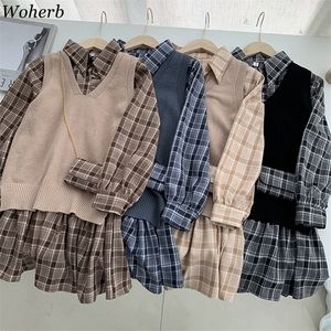 Woherb Retro plaid losse mini geplooide shirt jurk + gebreide vest + tas 3 stuks set vrouwen herfst elegante outfits Koreaanse pak 220302