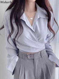 Woherb Sexy Crop Tops Chemisier De Mode Femmes Bandage Chemise À Manches Longues Coréen Y2k Vêtements Blouses Blanches Blusas Mujer De Moda 240307