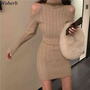 Woherb Sexy Lady Dame Robes pour Femmes Chic Hollow Out Off Off Ops Hope Vestidos de Mujer Température coréenne Mini robe G1214