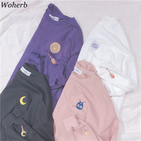 Woherb Printemps Été Harajuku Kawaii Sweat-shirt mince Femmes Sailor Moon Broderie Cosplay Manches longues Tops Sweat à capuche 21262 201211