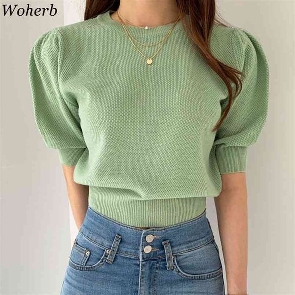 Woherb Summer Corée Chic Pullover Femmes Casual Short Puff Sleeve Trickear Top Vintage All-Match Jumper Sateter Mujer 210918