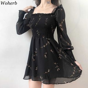 Woherb Summer Womens Black Dress Vintage Flower Long Puff Sleeve Chiffon Jurken Koreaanse Casual Mini Vestidos Mujer 21593 210706