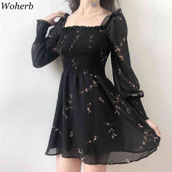 Woherb verano para mujer vestido negro vintage flor manga larga soplo vestidos de gasa coreano casual mini vestidos mujer 21593 210630