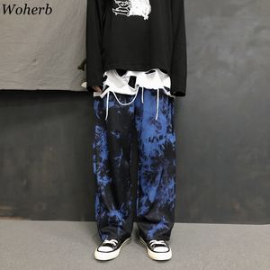 Woherb Tie Dye Print Cargo Losse Jogger Wide Leg Pant Harajuku Streetwear Korean Punk Trouser Woman and Man Hip Hop Track 201031