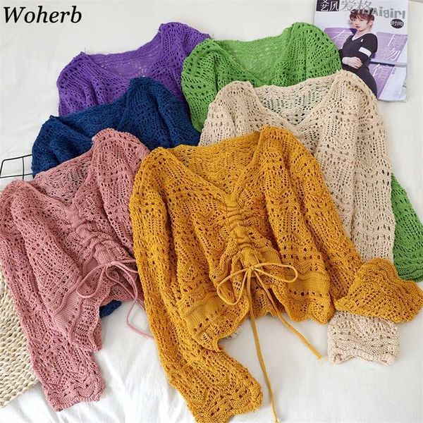 Woherb Femmes Pull Mince Lâche Femme Pull Court Col En V Évider Tricoté Cordon Trois Quarts Manches Dames Crop Tops 211011