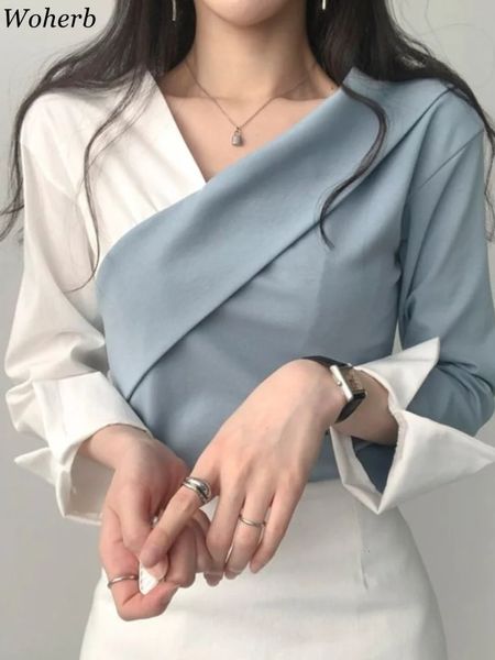Woherb Y2k Vintage cranté femmes hauts coréen Chic contraste couleur à manches longues pull 2024 fête mince tout Match chemises sexy 240307