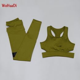 Wohuadi 2 stks Naadloze Yoga Set Sportswear Sports Sexy V-hals Vest Bra + Leggings Fitness Broek Gym Running Suit Kleding Atletisch