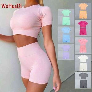 WOHUADI Summer Seamless Yoga Set Vêtements pour femmes 2Piece Sport Crop Top T-Shirt + Short Leggings Push Up Fitness Workout Gym Suit 210802