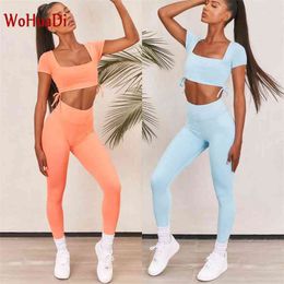 Wohuadi Tether Korte Mouw Sports Set Yoga Dameskleding Pak Gym Fitness Sportkleding Hoge Taille Leggings Vrouwelijke 210802