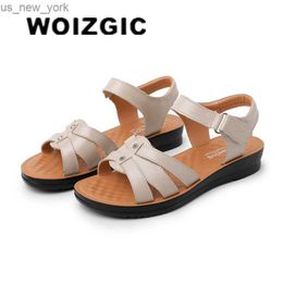 WOIZGIC femmes dames mère en cuir véritable sandales plate-forme chaussures antidérapant été Cool plage crochet boucle grande taille 42 43 L230518