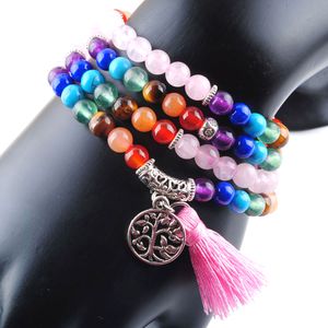 Wojiarer 108 Meditatie Multi-Layer Long Strands Armbanden 7 Chakra Yoga Natuurlijke Ronde Rose Quartz Mala Kralen Life Tree Tassel Sieraden K3208