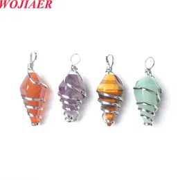 WOJIAER mode spirale cône cristal pendentif pierre naturelle fil Wrap gemmes perle Unakite Jasper oeil de tigre bijoux accessoires BO987