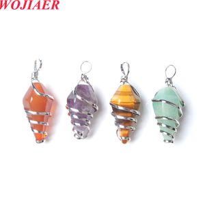 Wojiaer Fashion Spiral Cone Crystal Pendant Natuurlijke stenen draad Wrap Gems Bead Unakite Jasper Tiger Eye Sieraden Accessoires BO987