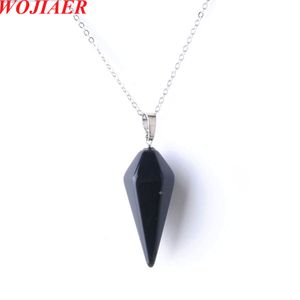Wojiaer Collier pendentif Hexagonal Pyramide Naturel Black Agate Gem Stone Reiki Chakra Perles de pendaison Z9095