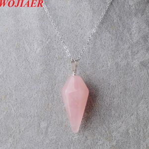 WOJIAER Hexagonal Pyramide Pendentif Collier Naturel Rose Quartz Gem Pierre Reiki Chakra Dangle Perles Bijoux Z9097