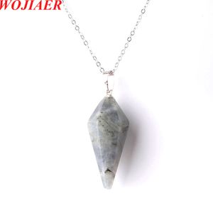 WOJIAER Hexagonal Pyramide Pendentif Collier Naturel Labradoirte Gem Pierre Reiki Chakra Dangle Perles Bijoux Z9091