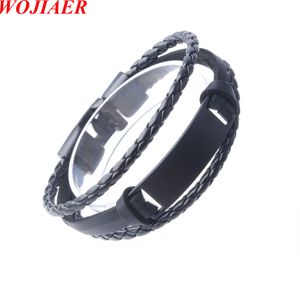 Wojiaer mannen retro lederen zwarte bedelarmbanden polsband manchet voor wrap gevlochten geweven geweven meerlagige bangle sieraden bc012