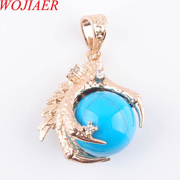 WOJIAER naturel bleu Turquoise pierres précieuses ronde perle pendentif collier Dragon griffe or bijoux chaîne 18 pouces N3097