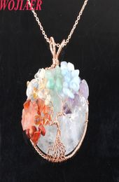 Wojiaer Natural Cabochon Stone Tree of Life Pendant Rose Gold Wire Wrap 7 Chakra Chip Bead Women Collier 2022 NOUVEAU BO9023233593
