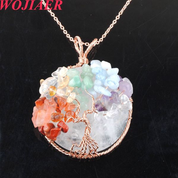 WOJIAER-colgante de árbol de la vida con piedra de cabujón Natural, envoltura de alambre de oro rosa, collar de cuentas con Chip de 7 Chakras, novedad de 2022 BO902