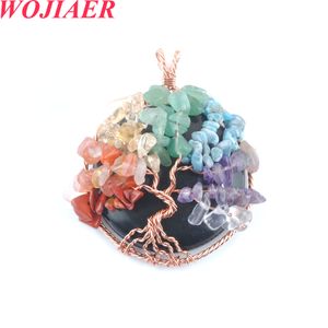 WOJIAER collier pendentifs en pierre ronde naturelle Onyx noir arbre de vie fil d'or Rose Wrap 7 Chakra guérison puce perle O9018