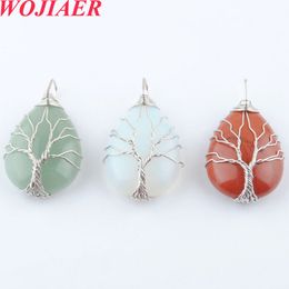 WOJIAER pendentifs en pierre naturelle couleur argent arbre de vie fil enveloppé forme de goutte d'eau pour femmes hommes collier bijoux BO912