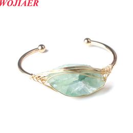 WOJIAER, piedras naturales, brazaletes con apertura geométrica Simple, pulseras envolventes de alambre de Color dorado, joyería femenina BO962