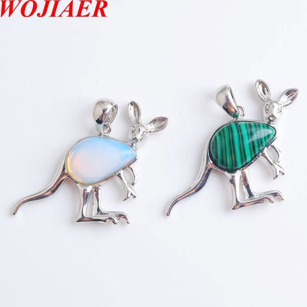 WOJIAER nouveau mignon Animal kangourou pendentif colliers goutte d'eau pierre naturelle rose Quartz cristal mode bijoux pour femmes filles BE907