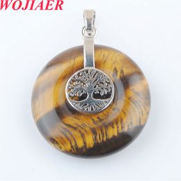 Wojiaer Tree of Life Charms Hanger Natural Crystal Hollow Round Reiki Stone Energy Women Men Hangers kettingen BO936