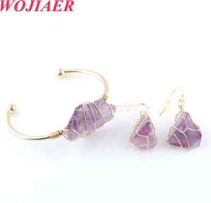 WOJIAER Trendy Goudkleurige Wrap Sieraden Set Onregelmatige Bangle Armbanden Natuurlijke Kristal Steen Haak Dangle Drop Earring BO9405735195