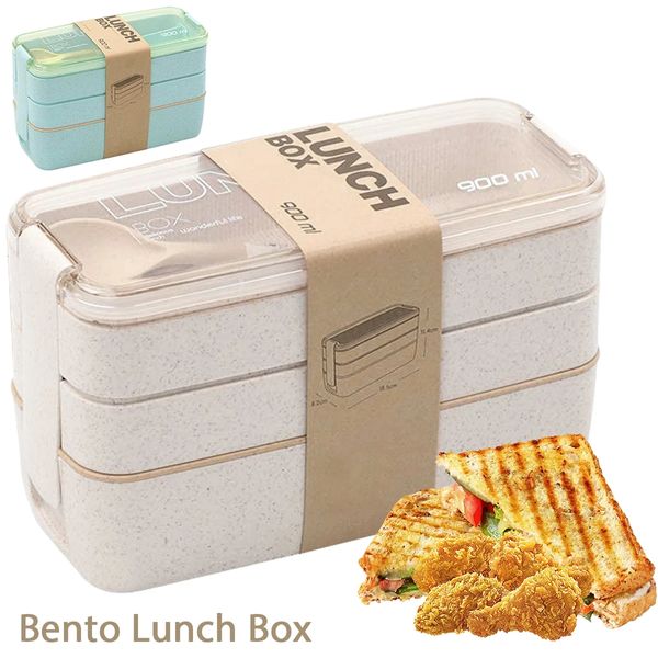 Wolesale 900ml Bento Box pour enfants 3 boîte à déjeuner empilable étanche Portable déjeuner récipient de nourriture paille de blé boîte de stockage des aliments lave-vaisselle