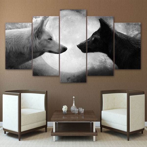 Decoración de lobo, impresión HD, 5 piezas, arte en lienzo, pintura de lobos blancos y negros, imágenes artísticas de pared para sala de estar, sin marco286u