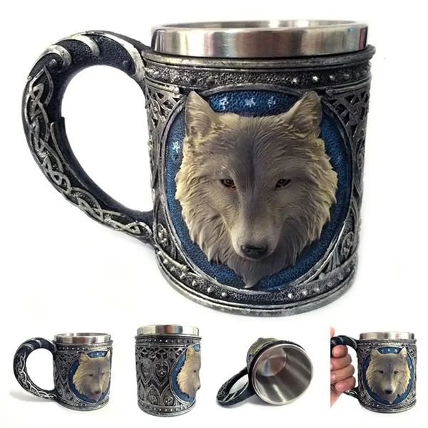 Tête de loup en acier inoxydable résine jus de bière lait eau tasse maison bureau tasse à café goutte 231228