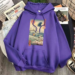 Wolf Princess Ukiyo Wolf Print Sweatshirts Man Fleece Pocket Losse Hooded Pullover Vintage Mode Hoody Hip Hop Punk Hoodies H1227