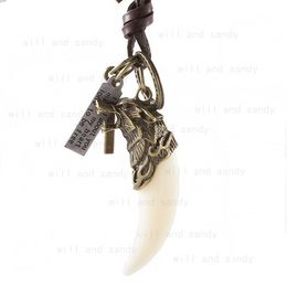 Animal loup lettre ID croix charme dent collier pendentif réglable chaîne en cuir colliers pour femmes hommes bijoux de mode volonté et sable