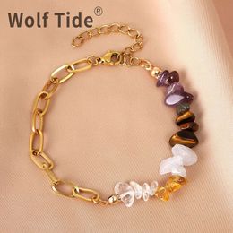 Wolf Tide 2024 Nieuwe Natuurlijke Paarse Kristallen Steen Armbanden Roestvrij Staal Dubbele Paneel Link Armbanden Bangle Voor Dames Dames Voor Beste Vrienden Charms Esthetisch