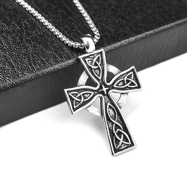 Wolf Tide Cross Jesús Colgante Collar de Hip Hop Color Plata Antigua Colgante de Acero Titanio Collar de Personalidad Cadena Regalo del Día de San Valentín para Novio al por mayor