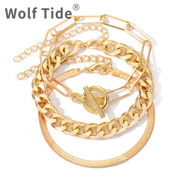 Wolf Tide – ensemble de bracelets multicouches pour femmes, nouveau Style, plaqué or, chaîne serpent, couche à maillons cubains, Hip Hip Punk, amour étoile, breloques, pendentif, Bijoux cadeaux