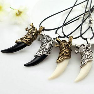 Wolf tand mannen ketting mode hars legering hoofd hanger kettingen met lederen touw sieraden