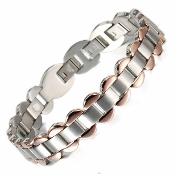 Wollet Bijoux Bio Magnétique Or Rose Couleur Bracelet En Acier Inoxydable Pour Hommes Femmes Soins de Santé Infrarouge Tourmaline Germanium Lien, Chaîne