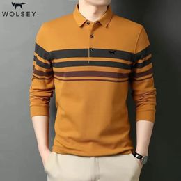 Wolsey Men Fashion Striped Polo Tirmage Spring Automne Vêtements lâches Pullor Tee Business Business Casual Long Sleeve Tops 240111